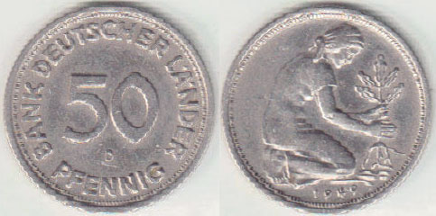 1949 D Germany 50 Pfennig A008353